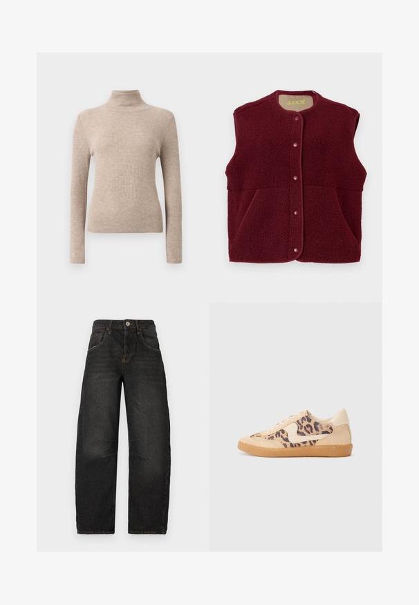 Burgundy sleeveless fleece vest with snap buttons down the front and two front pockets, round neckline.; Beige ribbed long-sleeve turtleneck sweater displayed on a plain white background.; Black denim jeans with a straight-leg design, five pockets, visible stitching, and a front button closure. Textured fabric with slight fading.; Leopard print sneakers with beige suede upper, tan rubber sole, and white accents. Round toe and lace-up design with a textured finish.