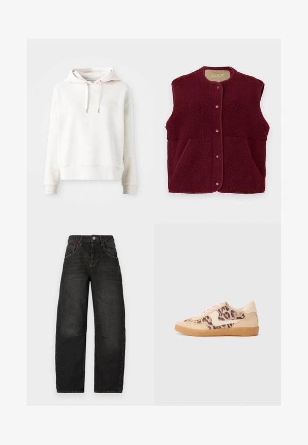Burgundi színű ujjatlan polár mellény, elöl patentgombokkal és két elülső zsebbel, kerek nyakkivágással.; Világos bézs kapucnis pulóver, puha tapintással, húzózsinórral és egyszerű hímzett logóval a mellkason. Hosszú ujjak és rövidített szabás.; Fekete farmernadrág egyenes szárú fazonnal, öt zsebbel, látható varrással és elöl gombos záródással. Strukturált anyag enyhe kopással.; Leopárdmintás sportcipő bézs velúr felsőrésszel, világosbarna gumitalppal és fehér kiegészítőkkel. Kerek orr, fűzős kialakítás, és textúrázott felület jellemzi.