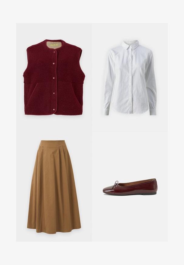Bordowy bezrękawnik z polaru z zatrzaskami z przodu i dwoma kieszeniami, okrągły dekolt.; Biała koszula zapinana na guziki, wykonana z gładkiej bawełny, z klasycznym kołnierzykiem, długimi rękawami i zaokrąglonym dołem. Guziki są małe i białe.; Brąskowa bawełniana spódnica w kształcie litery A z wysokim stanem, z plisami z przodu i gładką fakturą. Wykończenia dołu są czyste i proste.; Bordowe baleriny z lakierowanej skóry z zaokrąglonym noskiem, małą kokardką z przodu oraz niską, czarną gumową podeszwą. Gładka tekstura.