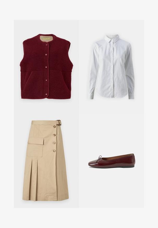 Bordo bez rukava flis prsluk s dugmadima na prednjem dijelu i dva prednja džepa, okrugli dekolte.; Bjela košulja na dugih rukava od glatkog pamuka, s klasičnom kragnom i zakrivljenim rubom. Dugmad su mala i bijela.; Bež suknja do koljena izrađena od mješavine pamuka. Ima gumbe sprijeda, bočnu džepu i nabore za strukturu. Glatka tekstura.; Burgundska lakirana balerinka s zaobljenim vrhom, malim mašnom sprijeda i niskom, crnom gumenom potplatu. Glatka tekstura.