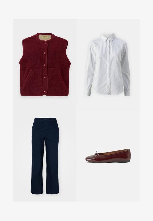 Bordeaux mouwloze fleece vest met drukknoopsluiting aan de voorkant en twee voorzakken, ronde halslijn.; Witte overhemd met knopen van glad katoen, met een klassieke kraag, lange mouwen en een afgeronde zoom. De knopen zijn klein en wit.; Navyblauwe wijde broek van katoen met een knoopsluiting, voorzakken en subtiele stikseldetails. Op maat gemaakte snit voor comfort.; Bordeaux gepatenteerd lederen ballerina met een ronde neus, een klein strikaccent aan de voorkant en een lage, zwarte rubberen zool. Glad textuur.