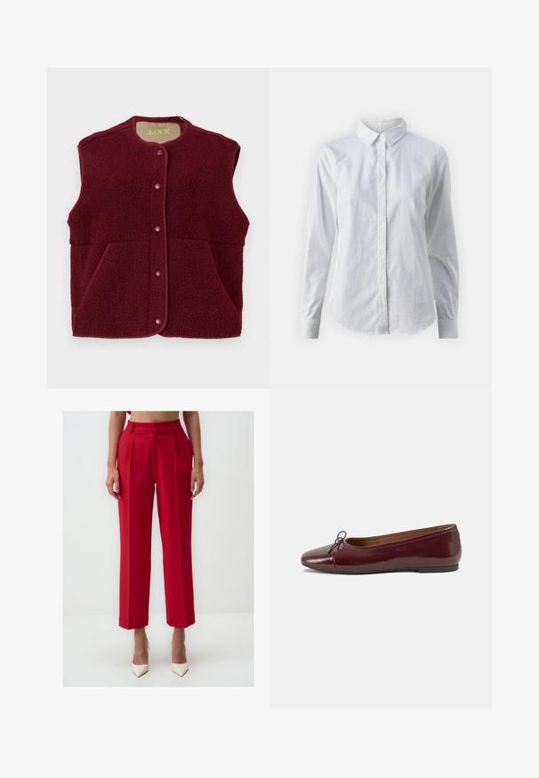 Burgunderfarbener ärmelloser Fleece-Westen mit Druckknöpfen auf der Vorderseite und zwei Fronttaschen, runder Halsausschnitt.; Weißes Hemd mit Knöpfen, aus glattem Baumwollstoff, mit klassischem Kragen, langen Ärmeln und abgerundetem Saum. Die Knöpfe sind klein und weiß.; Rote maßgeschneiderte Hosen mit hoher Taille, gefältelter Vorderseite, geraden Beinen und einer glatten Stoffstruktur. Getragen mit weißen spitzen Absätzen.; Burgunderfarbenes, lackiertes Ballettschuh mit abgerundetem Zehenbereich, kleiner Schleifenakzent vorne und einer niedrigen, schwarzen Gummisohle. Glatte Textur.