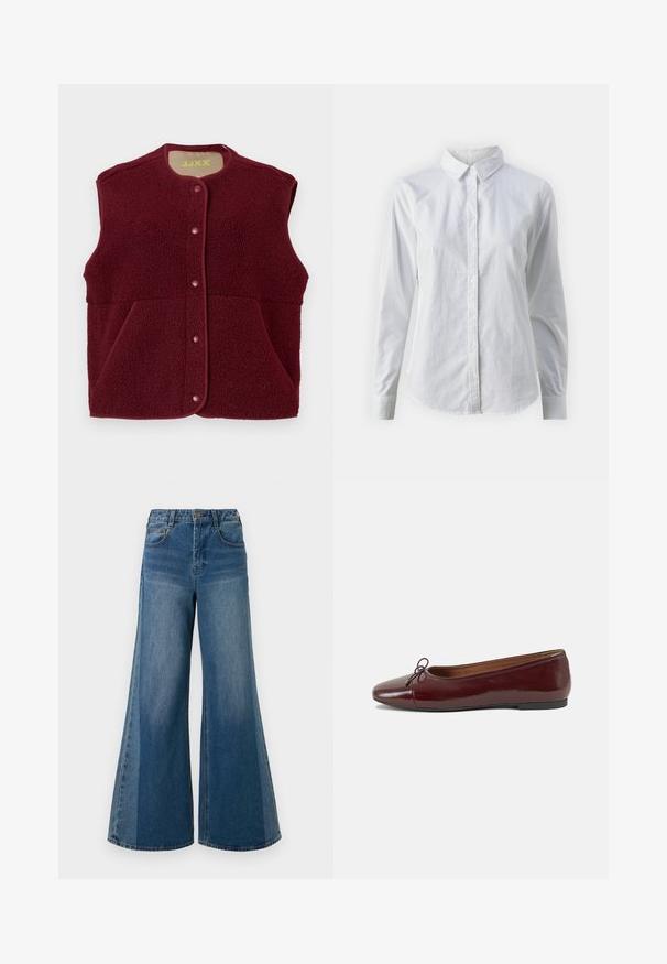 Gilet sans manches en polaire bordeaux avec des boutons-pression sur le devant et deux poches avant, encolure ronde.; Chemise blanche à manches longues en coton lisse, dotée d'un col classique et d'un ourlet arrondi. Les boutons sont petits et blancs.; Jean en denim à larges jambes dans un lavage bleu foncé, avec taille haute, cinq poches et fermeture à bouton classique. Texture lisse avec un minimum de décoloration.; Ballerines en cuir verni bordeaux avec un bout rond, un petit nœud décoratif à l'avant et une semelle en caoutchouc noire basse. Texture lisse.