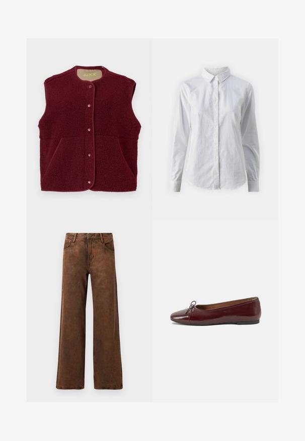 Burgundská bezrukávová fleecová vesta s druky vpředu a dvěma předními kapsami, kulatý výstřih.; Bílá košile na knoflíky vyrobená z hladké bavlny, s klasickým límcem, dlouhými rukávy a zakřiveným spodním lemem. Knoflíky jsou malé a bílé.; Hnědé kalhoty s širokými nohavicemi vyrobené z denimu, s texturovaným povrchem, zapínáním na knoflík a zip a dvěma předními kapsami.; Burgundské lakové baleríny s kulatou špičkou, malou mašlí vpředu a nízkou černou gumovou podrážkou. Hladký povrch.
