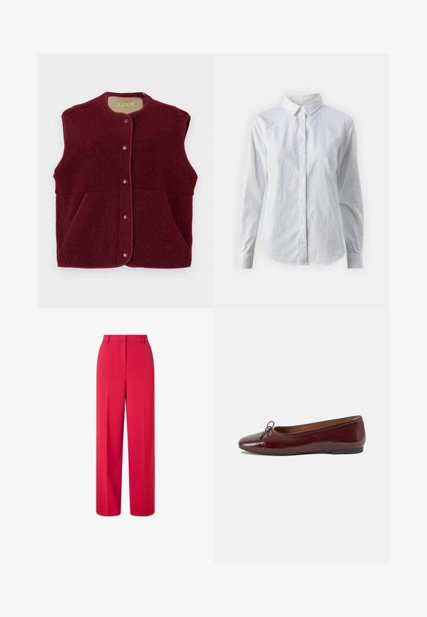 Burgundi színű ujjatlan polár mellény, elöl patentgombokkal és két elülső zsebbel, kerek nyakkivágással.; Fehér, sima pamutből készült gombos ing, klasszikus gallérral, hosszú ujjakkal és ívelt hemvéggel. A gombok kicsik és fehérek.; Magas derekú, széles lábú piros nadrág övhurkokkal és rejtett elülső zárással fehér háttérrel.; Burgundi lakkbőr balettcipő kerek orral, elöl kis masni díszítéssel és alacsony, fekete gumi talppal. Simára csiszolt felület.