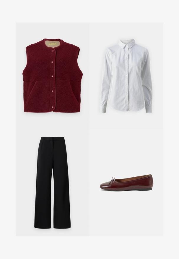 Burgunderfarbener ärmelloser Fleece-Westen mit Druckknöpfen auf der Vorderseite und zwei Fronttaschen, runder Halsausschnitt.; Weißes Hemd mit Knöpfen, aus glattem Baumwollstoff, mit klassischem Kragen, langen Ärmeln und abgerundetem Saum. Die Knöpfe sind klein und weiß.; Schwarze weite Hosen mit elastischem Bund und flachem Frontdesign, entworfen für eine lockere und bequeme Passform.; Burgunderfarbenes, lackiertes Ballettschuh mit abgerundetem Zehenbereich, kleiner Schleifenakzent vorne und einer niedrigen, schwarzen Gummisohle. Glatte Textur.
