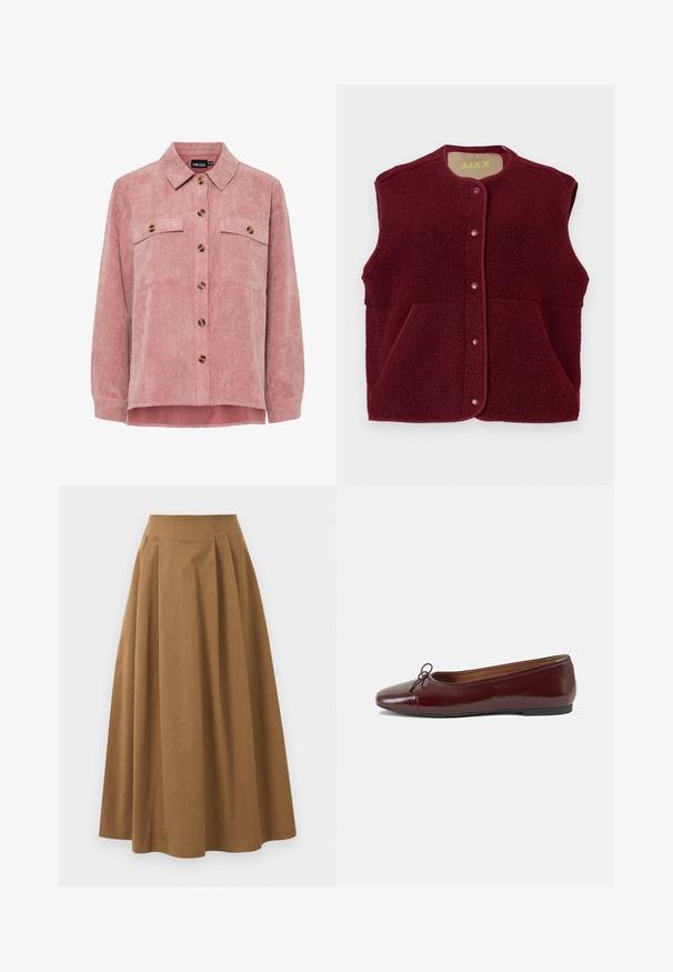 Burgundy ärmlös fleeceväst med tryckknappar framtill och två framfickor, rund halsringning.; Rosa manchesterjacka med långa ärmar, två bröstfickor och bruna knappar. Har en klassisk krage och texturerad ribbad tyg.; Brun bomull A-linje kjol med hög midja, med veck ned längs framsidan och en mjuk textur. Sömmen är ren och enkel.; Burgunderfärgad lackläderballettskor med rund tå, liten rosettdekoration fram och en låg, svart gummisula. Slät textur.