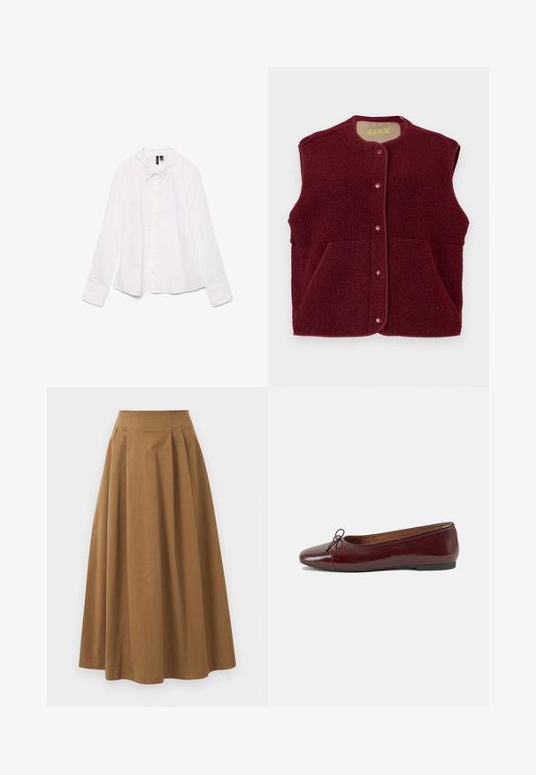Burgundi színű ujjatlan polár mellény, elöl patentgombokkal és két elülső zsebbel, kerek nyakkivágással.; Fehér, hosszú ujjú pamut ing, klasszikus gallérral, gombos elülső résszel és enyhén kényelmes fazonnal. Simaszerkezetű, minta nélkül.; Barna pamut A-vonalú szoknya magas derékkal, elöl pliszézett és sima textúrával. Az alsó szegélyek letisztultak és egyszerűek.; Burgundi lakkbőr balettcipő kerek orral, elöl kis masni díszítéssel és alacsony, fekete gumi talppal. Simára csiszolt felület.
