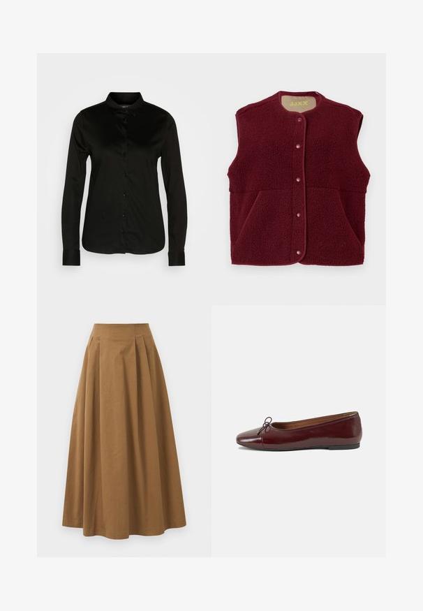 Burgunderfarget ärmeløs fleecevest med trykknapper foran og to fremre lommer, rund halslinning.; Svart langermet skjorte med knapper og klassisk krage, laget av glatt stoff, med en rekke svarte knapper og knappefester ved ermene.; Brun bomull A-linje skjørt med høy midje, med folder foran og en jevn tekstur. Kantene er rene og enkle.; Burgunderrød lakk lær ballettleilighet med rund tå, liten sløyfe foran og en lav, svart gummisåle. Glatt tekstur.