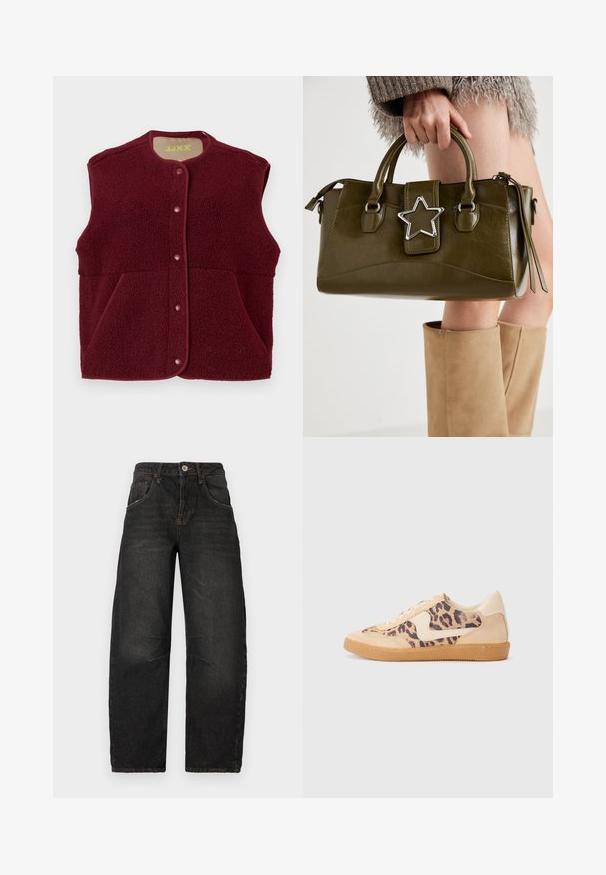 Colete de fleece sem mangas em borgonha com botões de pressão na frente e dois bolsos frontais, decote redondo.; T-shirt de algodão cinzento com gola redonda clássica, mangas curtas e textura suave, adequada para uso casual.; Calças de ganga pretas com um design de perna reta, cinco bolsos, costura visível e fecho frontal por botão. Tecido texturado com ligeira descoloração.; Sapatilhas com padrão de leopardo, parte superior em camurça bege, sola de borracha castanha e detalhes brancos. Bico redondo e design com atacadores, com um acabamento texturizado.; Bolsa de mão em pele sintética verde oliva com detalhe de estrela prateada, alças duplas e fecho com zip. Superfície texturizada e forma estruturada.