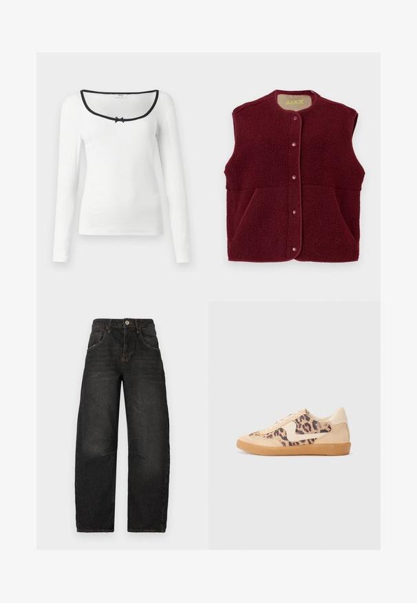 Bordeaux mouwloze fleece vest met drukknoopsluiting aan de voorkant en twee voorzakken, ronde halslijn.; Wit shirt met lange mouwen, vierkante hals, zwarte randafwerking en een klein zwart strikje in het midden. Geweven ribstof.; Zwarte denim jeans met een recht model, vijf zakken, zichtbare stiksels en een sluiting met een voorknoop. Getextureerde stof met lichte vervaging.; Luipaardprint sneakers met een beige suède bovenkant, tan rubberen zool en witte accenten. Ronde neus en vetersluiting met een gestructureerde afwerking.