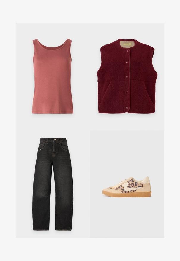 Bordeaux farvet ærmeløs fleecevest med trykknapper foran og to frontlommer, rund halsudskæring.; Rød bomulds tanktop med rund hals og brede stropper, der har en glat tekstur og en tætsiddende silhuet. Ingen mønstre eller udsmykninger.; Sorte denim jeans med lige ben-design, fem lommer, synlig syning og frontknaplukning. Struktureret stof med let falming.; Leopardprint sneakers med beige ruskindsoverdel, tan gummisål og hvide detaljer. Rund pegefinger og snørebåndsdesign med en tekstureret finish.