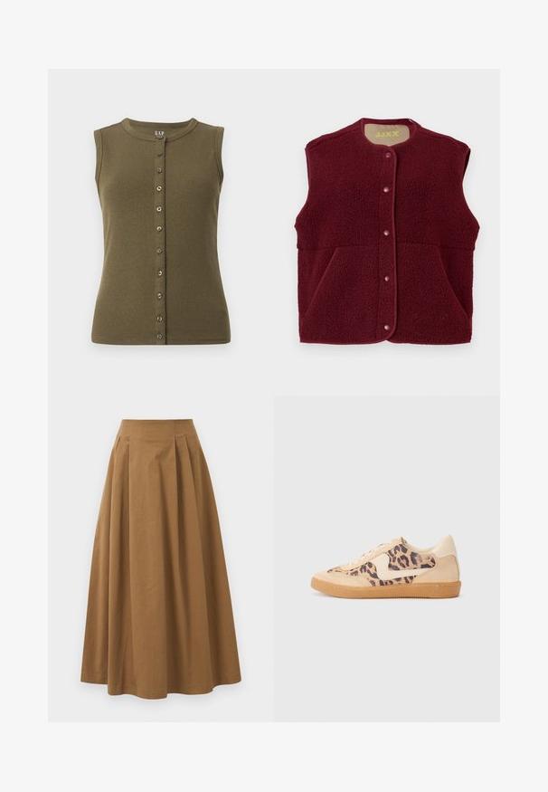 Burgunderfarbener ärmelloser Fleece-Westen mit Druckknöpfen auf der Vorderseite und zwei Fronttaschen, runder Halsausschnitt.; Olivgrünes ärmelloses Oberteil mit gerippter Textur, runder Ausschnitt und einer vorderen Knopfleiste mit sieben grauen Knöpfen.; Brauner Baumwoll-A-Linien-Rock mit hoher Taille, der vorne Falten aufweist und eine glatte Textur hat. Der Saum ist sauber und einfach verarbeitet.; Löwenmuster-Sneaker mit beige Wildleder-Obermaterial, tanfarbener Gummisohle und weißen Akzenten. Runde Zehenform und Schnürdesign mit strukturiertem Finish.