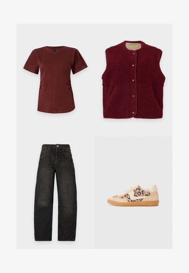 Burgundia ilma varrukat fleece vest, millel on eest nööbid ja kaks eesmist taskut, ümar kaelus.; Burgundia lühikese käistega T-särk, mis on valmistatud pehmest puuvillast. Omab ümarat kaelust ja peeneid külje kortse, mis lisavad vormi. Sile tekstuur.; Mustad denim teksad, sirge säärega, viietaskulise disainiga, nähtava õmblusega ja esise nupulehega. Kergelt foneeritud ja tekstuuriga kangas.; Leopardi mustriga tossud, millel on beež sueded ülemine osa, pruuni kummist põhi ja valged aktsendid. Ümar nina ja lipsukujundus, millel on tekstureeritud viimistlus.