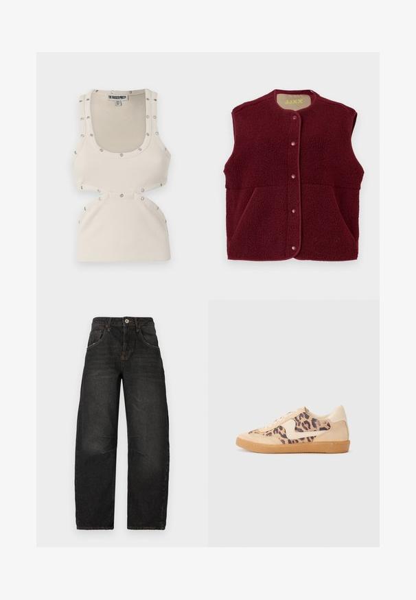 Burgunderfarbener ärmelloser Fleece-Westen mit Druckknöpfen auf der Vorderseite und zwei Fronttaschen, runder Halsausschnitt.; Weißes, geripptes Tanktop mit taillierter Passform, ausgestattet mit silbernen Druckknopf-Details an den Schultern und Ausschnitten an der Taille.; Schwarze Denim-Jeans im Straight-Leg-Design, mit fünf Taschen, sichtbaren Nähten und einem vorderen Knopfverschluss. Strukturierter Stoff mit leichter Ausbleichung.; Löwenmuster-Sneaker mit beige Wildleder-Obermaterial, tanfarbener Gummisohle und weißen Akzenten. Runde Zehenform und Schnürdesign mit strukturiertem Finish.