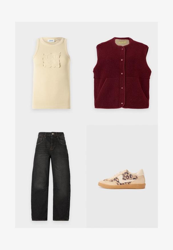 Vesta din fleece fără mâneci de culoare burgundă, cu capse pe față și două buzunare frontale, guler rotund.; Top fără mâneci, bej, cu un design texturat de patch pătrat pe piept și o gât rotund.; Jeans din denim negru cu un design cu picior drept, cinci buzunare, cusături vizibile și închidere cu un buton în față. Material texturat cu o ușoară decolorare.; Tenisi cu imprimeu de leopard, cu partea superioară din suede bej, talpă din cauciuc maro și accente albe. Vârf rotund și design cu șireturi, cu un finisaj texturat.