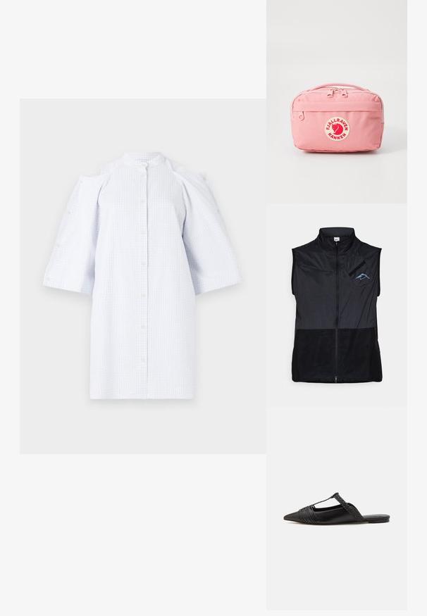 Black sleeveless vest with a high collar, made from lightweight fabric. Features zip closure and a left chest pocket with blue logo accent.; Gingham patterned shirt dress in light blue with button closure, cold shoulder design, and three-quarter sleeves. Made of lightweight fabric.; Black leather slingback shoe with a pointed toe, featuring a woven accent and pleated upper design. Flat sole with minimal hardware.; Pink Fjällräven Kanken bag, rectangular shape, made of durable fabric, featuring two zipper compartments and a circular logo on the front.