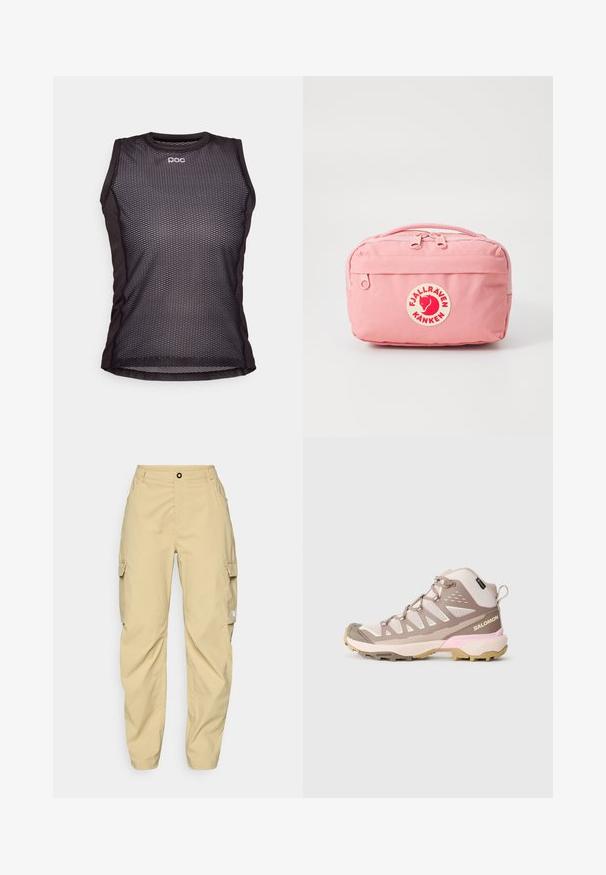 Chaleco sin mangas negro con un alto cuello, fabricado en tejido ligero. Cuenta con cierre de cremallera y un bolsillo en el pecho izquierdo con un acento de logo azul.; Camisa blanca de manga larga hecha de tejido texturizado, con un bolsillo de parche beige que presenta un cordón y un logo.; Camiseta deportiva sin mangas negra con un diseño de malla, que presenta un escote redondeado y el logotipo de POC. La tela parece ligera y transpirable.; The North Face EXPLORATION CARGO PANTS - Pantalones montañeros largos - khaki stone; Zapato de senderismo de corte medio en rosa claro con parte superior de malla transpirable, acentos marrones, suela texturizada y puntera reforzada. Cuenta con la marca Salomon.; Bolsa Kanken de Fjällräven de color rosa, con forma rectangular, fabricada con tejido duradero, que cuenta con dos compartimentos con cremallera y un logo circular en la parte frontal.