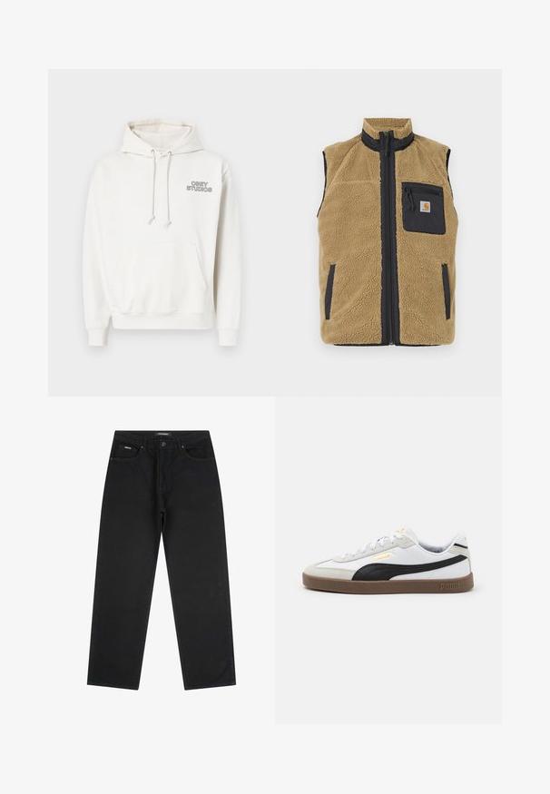 Beige fleece vest med høy krave, kontrasterende marineblå sidepaneler, frontglidelås, og en venstre brystlomme med glidelås.; Hvit hettegenser laget av mykt stoff med en frontlomme, snor til hetten og "OBEY STUDIOS"-logo i svart på brystet.; Sorte straight-leg jeans med frontknapp og glidelås, beltehemper og fem-lommerdesign, lagt flatt på en hvit bakgrunn.; Hvit lær sneakers med svart semsket skinn på kanten, rund tå, flat brunt gummisåle, og preget gulllogo på siden. Snøringer og polstret krage.