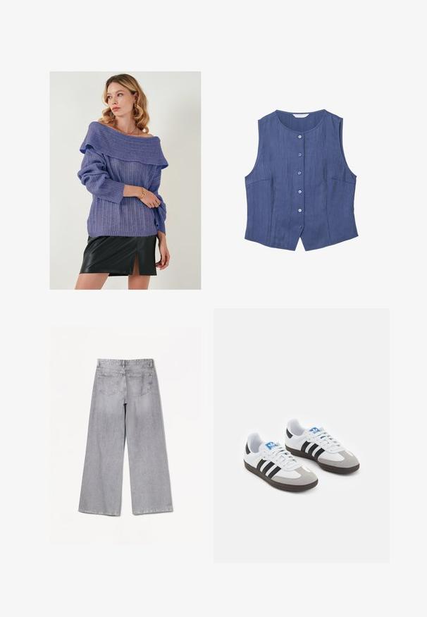Plava bezrukava košulja ravnog kroja, sa pet dugmadi na zatvaranju i bočnim džepovima. Izrađena od teksturiranog materijala s blistavim sjajem.; Ljubičasti rebrasti pleteni džemper s izrezom koji otkriva ramena i preklopnim manžetama, u kombinaciji s crnom kožnom mini suknjom s prednjim prorezom.; Bershka WIDE-LEG - Široke nogavice - grey; Sportske cipele s gornjištem od bijele kože, sivi suedinasti nos i tri crne pruge. Imaju plavi logo na jeziku i teksturiranu gumenu podlogu.