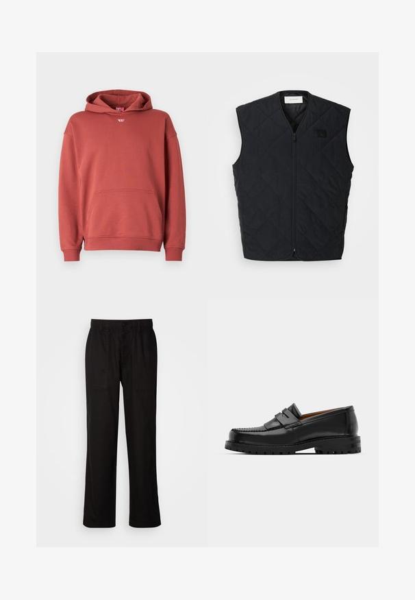 Čierny prešívaný vest s predným zipsom, ktorý má diamantové vzory a štítok na ľavom hrudi. Elegantný dizajn, bez rukávov a ľahká textúra.; Červená bavlnená mikina s klokankou, rebrovanými manžetami a lemom. Má malé logo na hrudi a šnúrku v kapucni.; Čierne nohavice s voľným strihom, vyrobené z ľahkej látky. Majú elastický pás, zapínanie na gombík a dve predné vrecká.; Čierne kožené mokasíny majú vystúpený šev, dve dekoratívne pásky na vrchu a hrubú textúrovanú podrážku pre lepšiu priľnavosť.