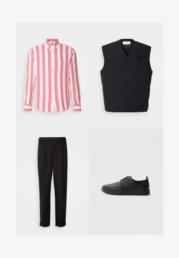 Svart quiltet vest med glidelås foran, med diamantmønster og et merke på venstre bryst. Strømlinjeformet design, uten ermer og lett tekstur.; Rød og hvit stripet langermet skjorte med knapper, laget av lin, med brystlomme og krage med knapper. Teksturert stoff.; Sorte bukser med en glat tekstur, der har lige snit, to forlommer og en enkelt knaplukning i taljen.; Svart lær sneakers med glatt overflate, rund tå, tonede sømmer, snøring foran og flat gummisåle. Løkke på hælen.
