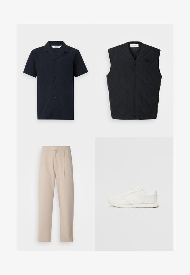 Svart quiltet vest med glidelås foran, med diamantmønster og et merke på venstre bryst. Strømlinjeformet design, uten ermer og lett tekstur.; Kortermet, marineblå skjorte med knapper og teksturert stoff. Har krage, en enkelt brystlomme og seks frontknapper.; Beige, plissert bukser laget av myk stoff. Den har elastisk midje, rette ben og en glatt tekstur. Ingen lommer eller detaljer.; Hvit sneaker med en mesh- og syntetisk overdel, rund tå, flate lisser og en teksturert sidestropp. Gummisåle med en pull-tab bak.