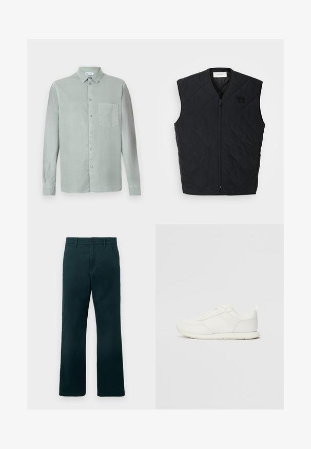 Čierny prešívaný vest s predným zipsom, ktorý má diamantové vzory a štítok na ľavom hrudi. Elegantný dizajn, bez rukávov a ľahká textúra.; Svetlozelená košeľa s dlhým rukávom, s golierom na zapínanie, prednou vreckom a mierne textúrovanou tkaninou. Obsahuje zhodné gombíky.; Tmavozelené nohavice rovného strihu s pútkami na opasok, bočnými vreckami a gombíkovým zapínaním na čistom bielom pozadí.; Biele tenisky s sieťovaným a syntetickým zvrškom, okrúly špička, ploché šnúrky a štruktúrovaný pruh na boku. Gumová podrážka s pútkom na zadnej strane.
