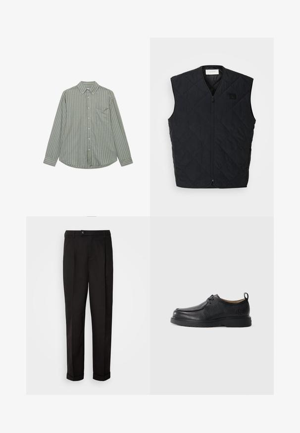 Fekete steppelt mellény cipzárral, gyémántmintákkal és bal mellen található címkével. Karcsú dizájn, ujjatlan és könnyű anyagú.; Hosszú ujjú, gombos ing olívazöld színben, függőleges fehér csíkokkal, standart gallérral és bal oldalon egy mellsz zsebb el.; Fekete nadrág sima textúrával, egyenes szabással, két elülső zsebbel és egy gombbal zárható derékkal.; Fekete bőrcipő sima felülettel, lekerekített orral, diszkrét varrásokkal, fűzős kialakítással és textúrázott hátsó húzófüllel.