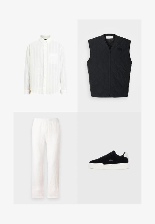 Crni preklopni prsluk sa zip zatvaranjem, s dijamantnim uzorcima i oznakom na lijevoj strani grudi. Elegantan dizajn, bez rukava i lagana tekstura.; Bijela košulja dugih rukava s teksturiranim prugastim uzorkom, sa džepom na prsima; sadrži klasičan ovratnik i dugmadi.; Bijele lanene hlače s elastičnim pojasom, ravnog kroja i blago teksturirane tkanine. Bez uzoraka ili dodatnih detalja.; Crni niskoprični tenisice s bijelim potplatom i petom, sa vezanjem sprijeda i Calvin Klein logotipom sa strane.