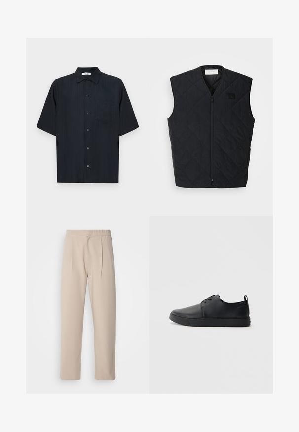 Svart quiltet vest med glidelås foran, med diamantmønster og et merke på venstre bryst. Strømlinjeformet design, uten ermer og lett tekstur.; Svart skjorte med korte ermer laget av strukturert stoff, med knappelukking foran, en liten brystlomme og klassisk krage.; Beige, plissert bukser laget av myk stoff. Den har elastisk midje, rette ben og en glatt tekstur. Ingen lommer eller detaljer.; Svart lær sneakers med glatt overflate, rund tå, tonede sømmer, snøring foran og flat gummisåle. Løkke på hælen.