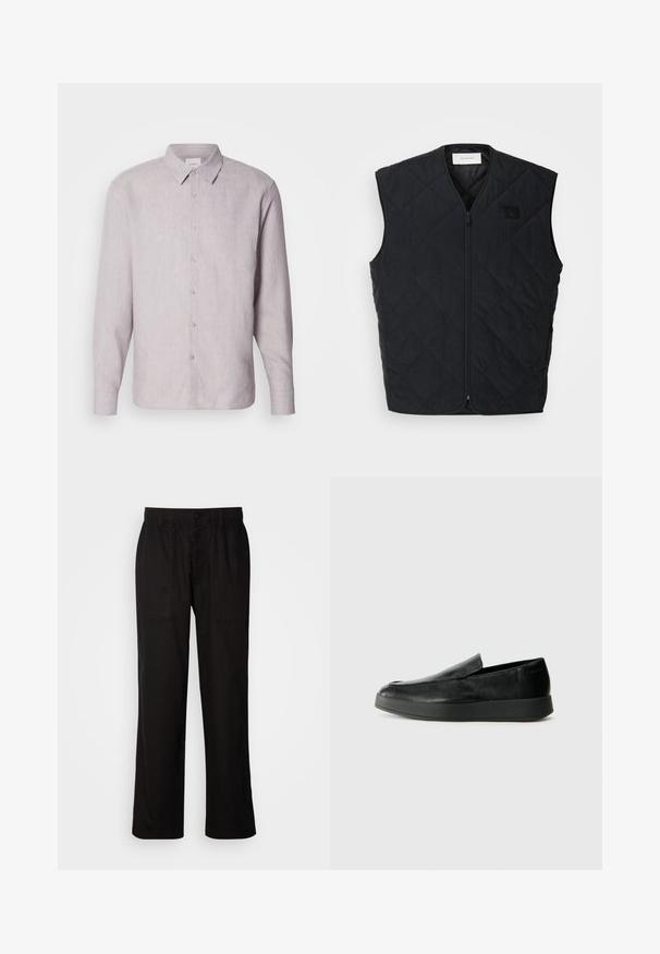 Mustra mustriga sobit, millel on tõmblukk esiosas, millel on rombikujundused ja silt vasakul rinnal. Kaunis disain, ilma varrukateta ja kerge tekstuur.; Heled hall linane särk, millel on krae, pikad varrukad ja nööpidega esiosa. Omab peent tekstuuri ja pärlmutrist nööpe nööpide reas.; Mustad lõdva istuvusega mustad püksid, mis on valmistatud kergest kangast. Omavad elastset vöökohta, nööbiga sulgemist ja kahte esist taskut.; Calvin Klein HYBRID CUP - Jalga libistatavad jalanõud - triple black