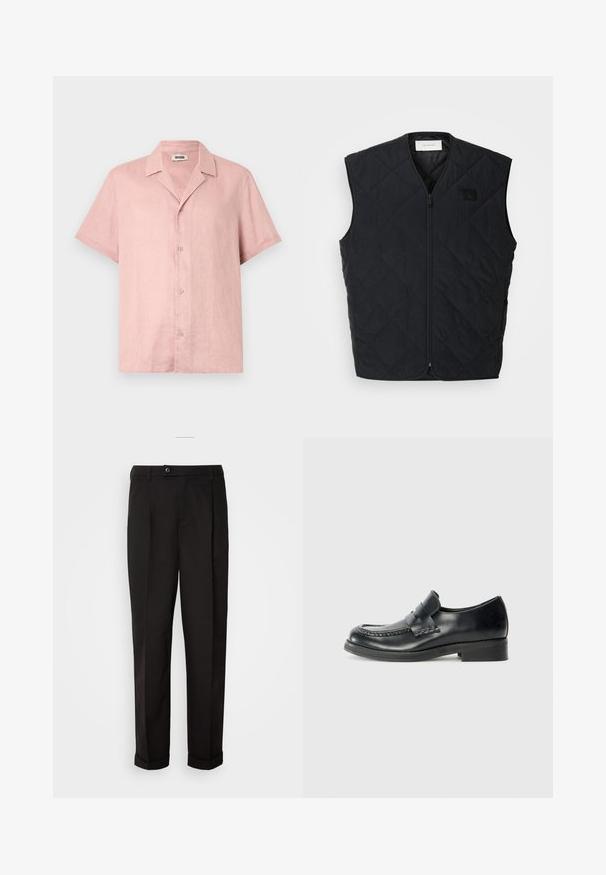 Melnā quiltotā veste ar rāvējslēdzēju priekšā, ar dimanta rakstiem un uzlīmi kreisajā krūtī. Sleek dizains, bez piedurknēm un viegla tekstūra.; Īsām piedurknēm krekls no mīksta rozā linu, ar izkliedētu apkakli, priekšējo pogu aizdari un brīvu piegriezumu. Gluda tekstūra ar smalku spīdumu.; Melnas bikses ar gludu tekstūru, diviem priekšējiem kabatām, taisnas griezuma un ar vienu pogu vidukļa daļā.; Melnas ādas loafer kurpes ar mokasīnu dūrienu, izteikta siksna pār vampu un zems sakrāts papēdis. Gluda virsma un noapaļota purngala forma.