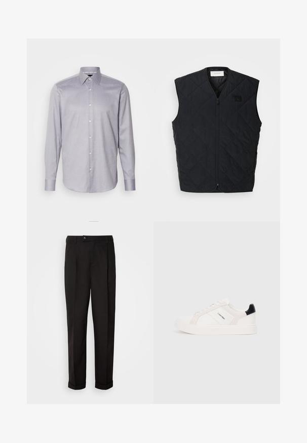 Črn prešiti brezrokavnik z zadrgo na sprednji strani, ki ima diamantne vzorce in oznako na levem prsnem delu. Eleganten dizajn, brez rokavov in lahka tekstura.; Svetlo vijolična srajca dolgih rokavov z ovratnikom na gumbe, ki ima subtilen teksturiran vzorec in bele gumbe spredaj.; Črne hlače z gladko teksturo, z ravnim krojem, dvema sprednjima žepoma in zapiranjem na en gumb v pasu.; Beli športni čevlji z svetlo roza in črnimi detajli, ki imajo gladke usnjene in semiš panele, okroglo konico in plitki gumijasti podplat.