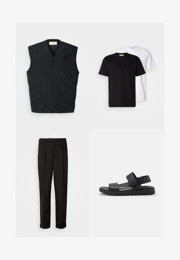 Czarna pikowana kamizelka z zamkiem z przodu, zdobiona diamentowymi wzorami i metką na lewej piersi. Smukły design, bez rękawów, o lekkiej teksturze.; Dwie gładkie bawełniane koszulki, jedna czarna umieszczona z przodu białej, obie z krótkimi rękawami i okrągłymi dekoltami.; Czarne spodnie o gładkiej fakturze, charakteryzujące się prostym krojem, dwoma przednimi kieszeniami oraz pojedynczym zapięciem na guzik w talii.; Czarne skórzane sandały z dwiema szerokimi paskami, regulowanym paskiem wokół kostki oraz masywną czarną gumową podeszwą z charakterystycznymi rowkami.