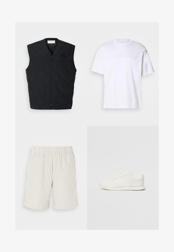 Black quilted vest with a zip front, featuring diamond patterns and a label on the left chest. Sleek design, no sleeves, and lightweight texture.; White cotton t-shirt with short sleeves, featuring a raised Calvin Klein logo in the center. Classic crew neck design. Smooth texture.; Striped shorts featuring a lightweight, breathable fabric. Color is off-white with thin, vertical gray stripes. Elastic waist.; White sneaker with a mesh and synthetic upper, round toe, flat laces, and a textured side stripe. Rubber sole with a pull tab at the back.