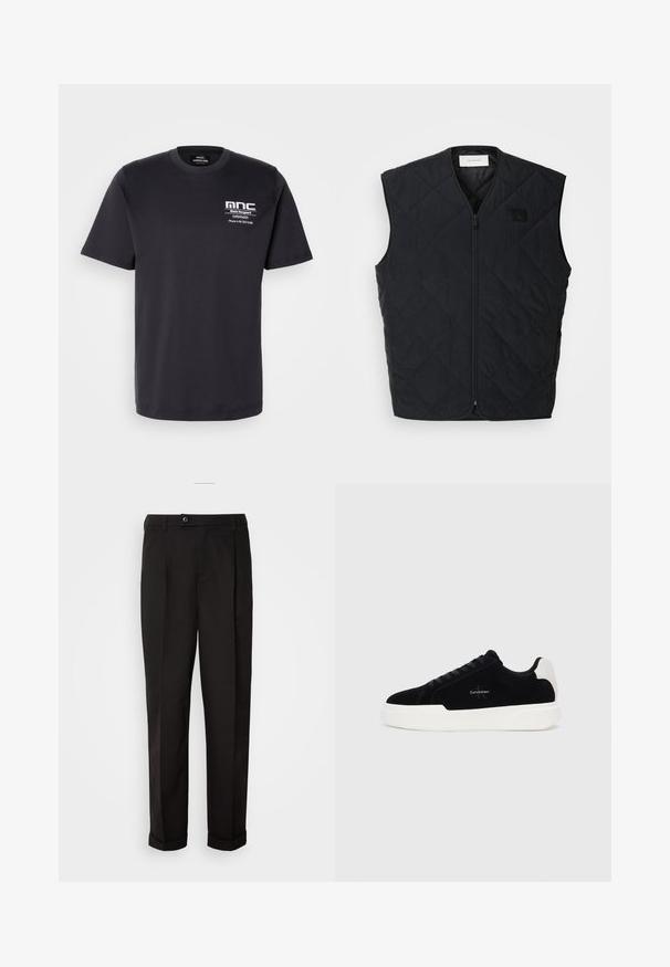 Sort quiltet vest med lynlås fortil, med diamantmønstre og et mærke på venstre bryst. Slankt design, uden ærmer og let tekstur.; Sort bomulds T-shirt med korte ærmer, rund halsudskæring og brystprint med "mnc" samt kontaktoplysninger i hvidt. Klassisk pasform.; Sorte bukser med en glat tekstur, som har lige snit, to forlommer og en enkelt knaplukning i taljen.; Sort lave sneakers med hvid sål og hæltap, snørebånd fortil, og Calvin Klein-logo på siden.