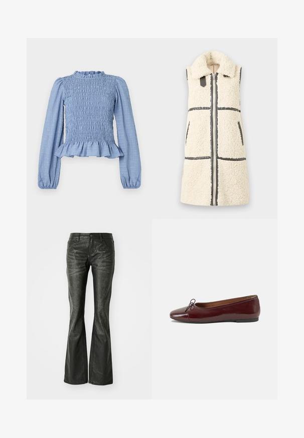 Ermeløs hvit sherpa-vest med stor krage, frontglidelås, to lommer og svarte detaljer.; Lyseblå smockbluse med lange ermer, volangkant i halsen, peplumkjole og strukturert stoff som har et krøllemønster.; Sorte falske skinn flared jeans med frontlommer, metallknapplukking og en lett teksturert overflate. Rett ben med lang kutt.; Burgunderrød lakk lær ballettleilighet med rund tå, liten sløyfe foran og en lav, svart gummisåle. Glatt tekstur.