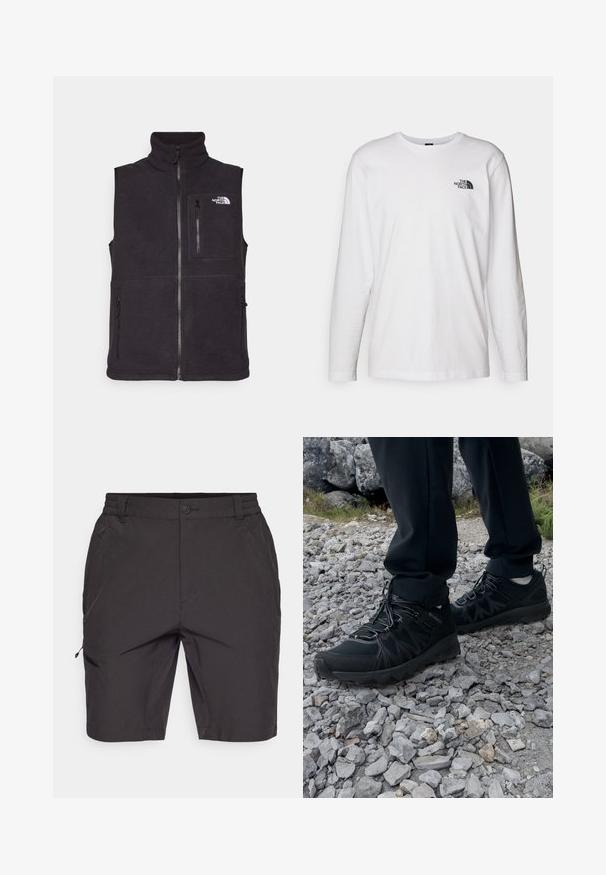 Mustat fleecetakki korkealla kauluksella, etuvetoketjulla ja kahdella sivuvetoketjullisella taskulla. Ominaisuuksina vetoketjullinen rintatasku ja logo edessä.; Valkoinen pitkähihaisen T-paita, joka on valmistettu puuvillasta ja jossa on pyöreä kaula-aukko. Rintamuksessa on pieni musta logo. Sileä kangas, normaali malli.; Mustat shortsit, jotka on valmistettu kevyestä materiaalista. Niissä on elastinen vyötärö, sivutaskut ja vetoketjullinen tasku vasemmassa lahkeessa.; Mustat ulkokengät, joissa on verkko- ja synteettinen materiaali, teksturoitu päällinen, varma nauhoitusjärjestelmä ja kestävä pohja kivikkoisella maastolla.