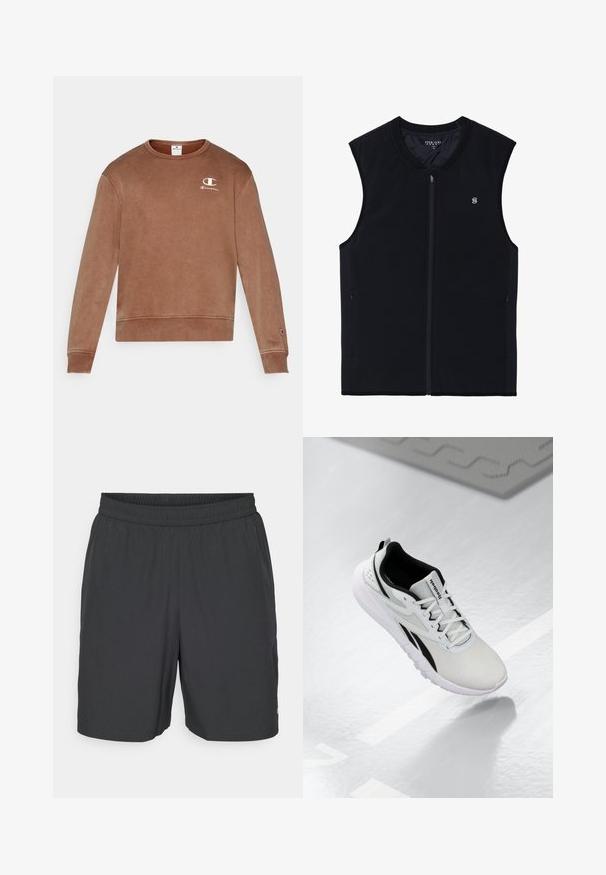 Gilet noir zippé sans manches, en tissu lisse. Il dispose de poches latérales, d'un col montant et d'un petit logo sur la poitrine.; Sweatshirt en coton marron à col rond avec des poignets et un ourlet côtelés, arborant un petit logo Champion blanc sur la poitrine gauche. Texture douce.; Champion TRAINING SHORTS - Short de sport - black; Baskets de sport gris clair avec accents noirs, dessus en mailles texturées, semelle rembourrée et fermeture à lacets. Comprend une poignée au niveau du talon.