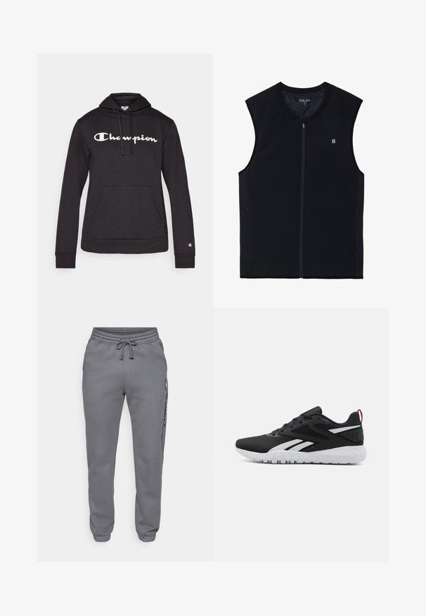 Sort lynlåsvest uden ærmer, lavet af et glat stof. Har sidelommer, en høj krave og et lille logo på brystet.; Sort hoodie lavet af blødt stof, med et stort hvidt "Champion" logo på forsiden, kængurulomme og ribbede manchetter.; Champion ICONS ELASTIC-CUFF SLIM FIT - Træningsbukser - foggy; Sorte atletiske sko med en mesh-overdel, hvide detaljer, tekstureret sål og en rød hælflap for ekstra detaljer.