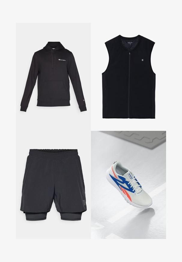 Colete preto com fecho zip, sem mangas, feito de um tecido suave. Apresenta bolsos laterais, um colarinho alto e um pequeno logotipo no peito.; Sweatshirt preto com capucho, feito de um tecido misto de algodão, com um bolso frontal e o logótipo "Champion" bordado em branco no peito.; Calções atléticos pretos com um cós elástico, design em camadas e um forro interior ajustado. Apresenta um logótipo discreto na parte inferior.; Sapatilha atlética branca com detalhes em azul e vermelho, com os atacadores atados e flutuando acima de um chão cinza claro, com uma linha e um tapete ao fundo.