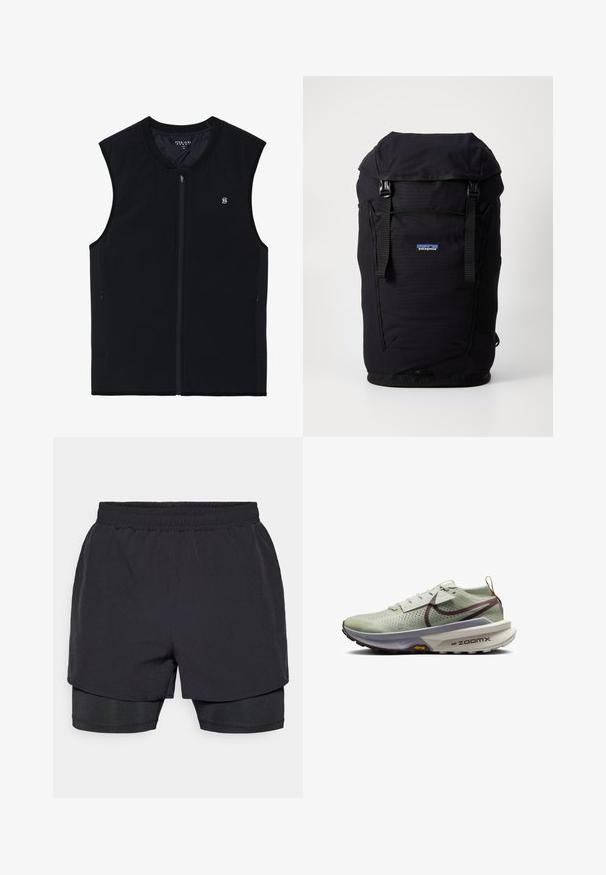 Mustmust vest, mille varrukateta, valmistatud siledast kangast. Omab küljetaskuid, kõrget krae ja väikest logo rinnal.; Must skavõttega must särk, raglanvarrukatega, ümara kaelusega ja väikese logoga rinnal. Sile kangas koos kitsaste lõigetega.; Mustad mustetrikud elastse vöökoha, kihilise disaini ja sobiva sisekattega. Sile tekstuur, loodud mugavuseks.; Nike Performance ZOOMX ZEGAMA 2 - Metsajooksu tossud - green; Mustmust must seljaga, reguleeritavate rihmadega ja esiküljel silmapaistva logoga. Lihtne disain, ilma mustriteta.