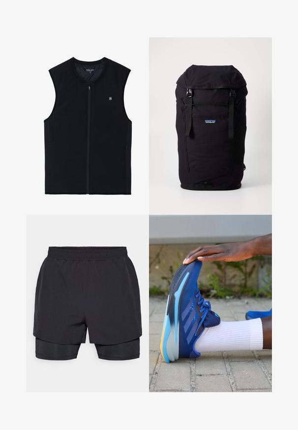 Black zip-up vest with no sleeves, made of a smooth fabric. Features side pockets, a high collar, and a small logo on the chest.; Black long-sleeve shirt with raglan sleeves, round neckline, and a small logo on the chest. Smooth fabric with a fitted design.; Black athletic shorts with an elastic waistband, layered design, and a fitted inner lining. Smooth texture, designed for comfort.; adidas Performance SUPERNOVA SOLUTION - Road running shoes - team royal blue/dark blue/blue burst; Black fabric backpack featuring a roll-top closure, adjustable straps, and a prominent logo on the front. Simplistic design, no patterns.