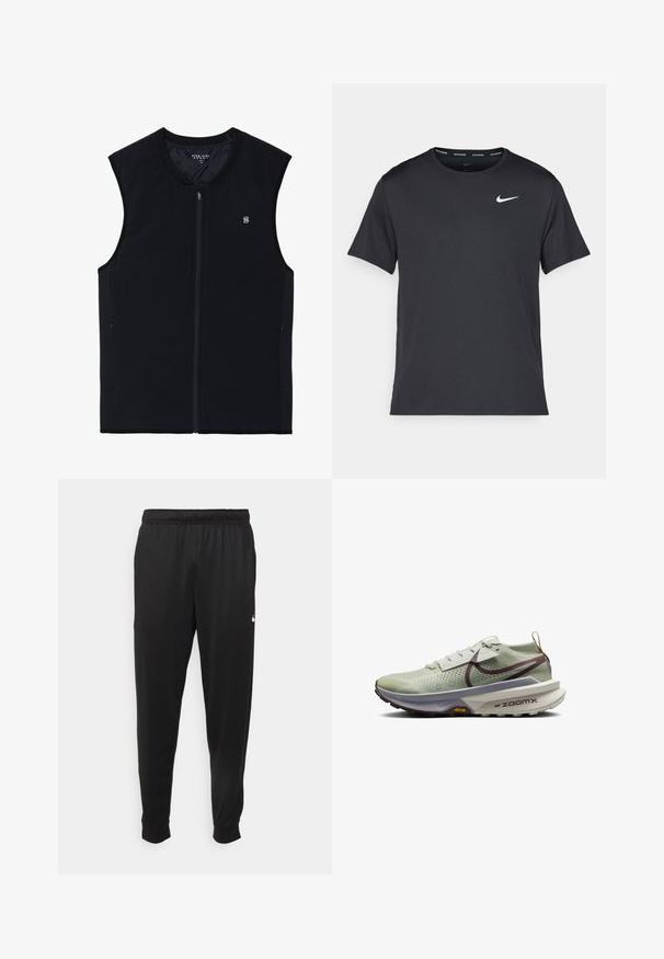 Gilet noir zippé sans manches, en tissu lisse. Il dispose de poches latérales, d'un col montant et d'un petit logo sur la poitrine.; T-shirt de course noir Nike en matériau léger et respirant, avec des manches courtes et un petit logo blanc sur la poitrine.; Pantalon de sport noir en tissu lisse, avec une taille élastique, des jambes fuselées et un petit logo blanc sur le côté gauche.; Nike Performance ZOOMX ZEGAMA 2 - Chaussures de running - green