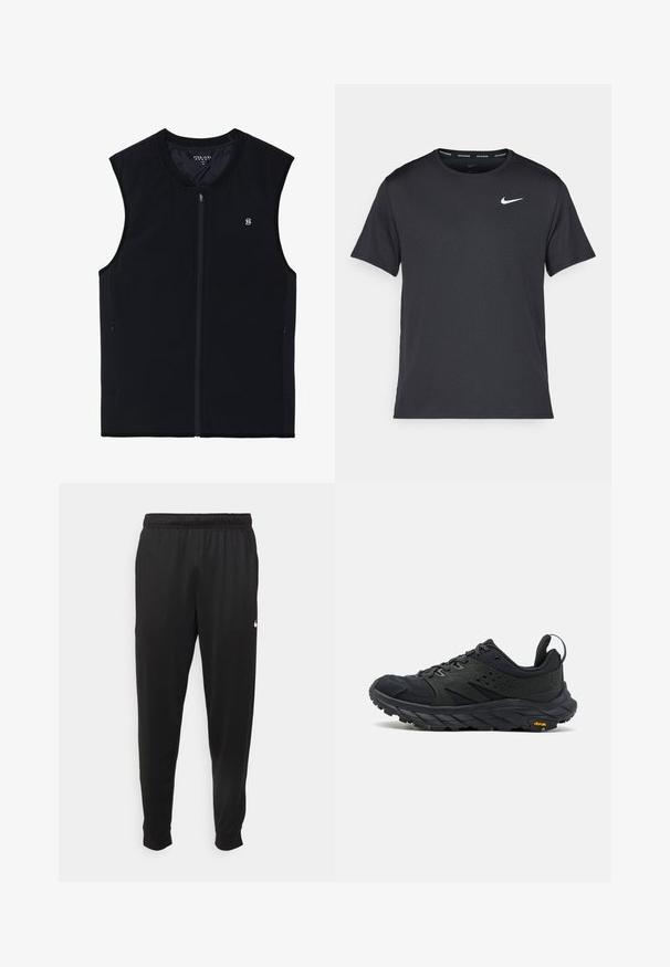Musta vetoketjullinen liivi ilman hihoja, valmistettu sileästä kankaasta. Varustettu sivutaskuilla, korkealla kauluksella ja pienellä logolla rinnassa.; Musta Nike juoksupaita, joka on valmistettu kevyestä ja hengittävästä materiaalista. Paidassa on lyhyet hihnat ja pieni valkoinen logo rinnassa.; Mustat urheiluhousut, jotka on valmistettu sileästä kankaasta. Niissä on joustava vyötärö, kapenevat lahkeet ja pieni valkoinen logo vasemmalla puolella.; Musta vaelluskenkä, jossa on verkko- ja kumipinta, jämäkkä tekstuuripohja, pehmustettu nilkkapanta ja heijastavat yksityiskohdat. Vibram-logo pohjassa.