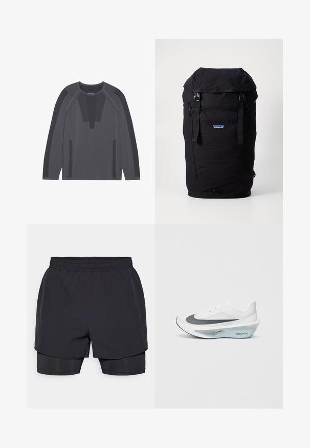Melns, bez piedurknēm, ar rāvējslēdzēju, izgatavots no gludas auduma. Tam ir sānu kabatas, augsts apkakle un neliels logos uz krūšu.; Garšs piedurkņu sporta krekls tumši pelēkā krāsā ar sietiņa paneļiem, apaļu dekoltē, un pieguļošu dizainu ar ģeometriskiem akcentiem uz pleciem.; Melni sporta šorti ar elastīgu jostasvietu, slāņotā dizainā un pieguļošu iekšējo oderi. Gluda tekstūra, izstrādāti ērtai valkāšanai.; Baltas sporta apavs ar pelēku sieta augšdaļu, zilas ZoomX putas vidusdaļā un izliekts zole, kas nodrošina uzlabotu propelēšanu un komfortu.; Melnas auduma mugursoma ar rullīša aizdari, regulējamiem siksnām un izteiksmīgu logo priekšpusē. Vienkāršs dizains, bez rakstiem.