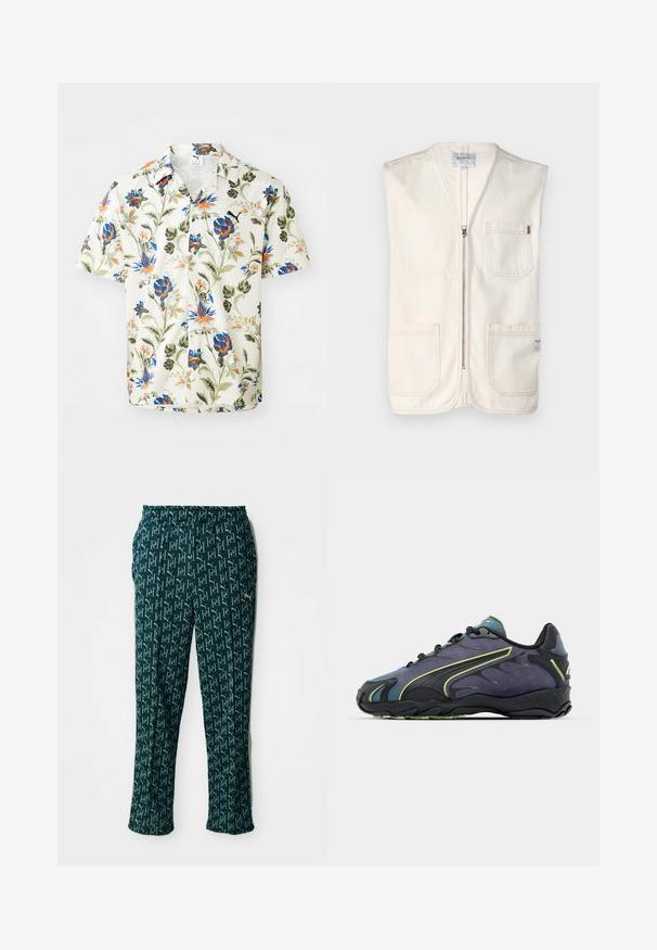 Chaleco sin mangas beige de algodón, con cremallera frontal, dos grandes bolsillos delanteros y una pequeña etiqueta en la parte inferior derecha.; Camisa de manga corta en una tela texturizada blanca que presenta un estampado floral colorido con flores en azul, naranja y verde. Diseño de botones.; Pantalones verdes con un diseño de logo repetido, con cinturilla elástica y corte recto, exhibidos sobre un fondo neutro.; Zapatillas deportivas negras y moradas con un upper texturizado, líneas de acento verdes y una suela de goma con un diseño ondulado. Cierre con cordones.
