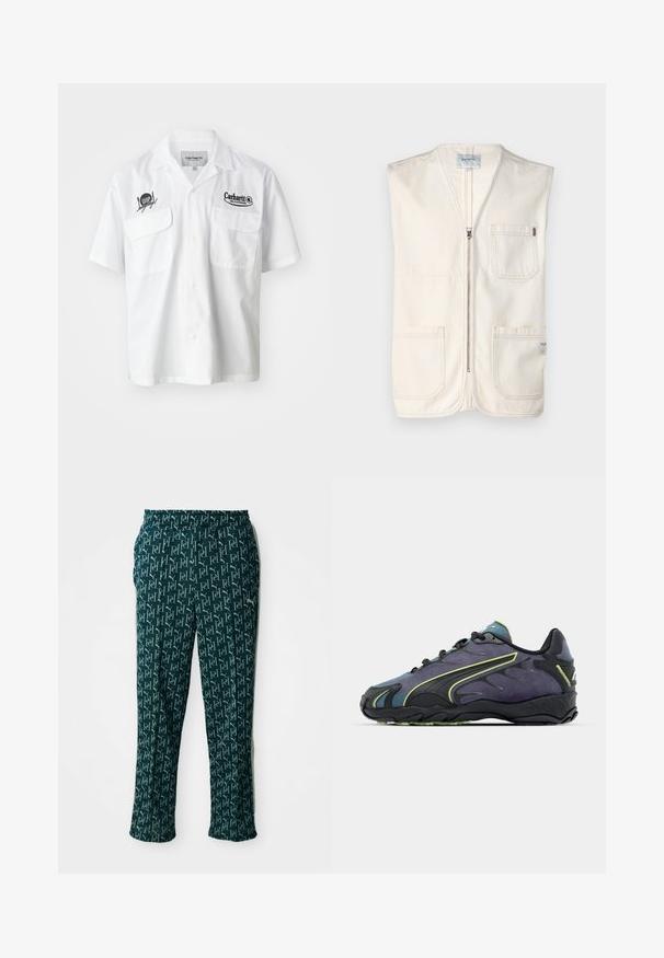 Beige ermeløs vest laget av bomull, med glidelås foran, to store lommer foran og en liten etikett på nedre høyre side.; Hvitt kortermet skjorte med knappestolpe i front, to brystlommer og svarte broderte logoer fra Carhartt og WIP. Glatt stofftekstur.; Grønne mønstrede bukser med et gentaget logodesign, elastisk talje og lige snit, vist mot en nøytral bakgrunn.; Svarte og lilla treningssko med teksturert overdel, grønne detaljer og gummisåle med bølget design. Snøring.