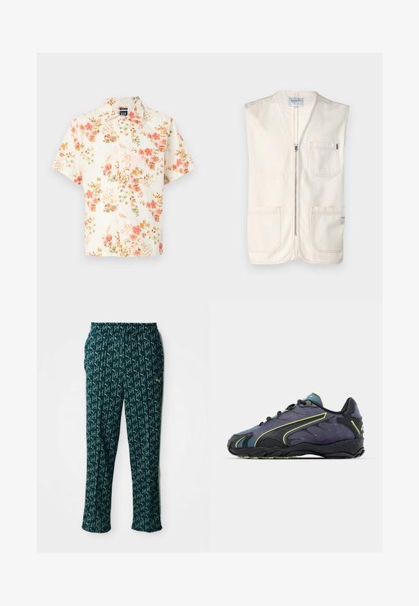 Beige mouwloze vest gemaakt van katoen, met een rits aan de voorkant, twee grote voorzakken en een klein label aan de onderste rechterzijde.; Kortebloemige shirt met een crèmekleurige achtergrond en een bloemenpatroon in roze, groen en bruine tinten; knoopsluiting en standaard kraag.; Groene broek met een patroon, gekenmerkt door een herhaald logo-ontwerp, voorzien van een elastische tailleband en een rechte snit, gepresenteerd tegen een neutrale achtergrond.; Zwarte en paarse sportschoenen met een textuur bovenmateriaal, groene accenten en een rubberen zool met een golvend ontwerp. Vetersluiting.